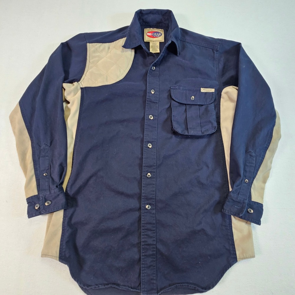 Wrangler ProGear Mens Shooting‎ Shirt Navy Blue Tan Quilted Shoulder Medium - Picture 2 of 9